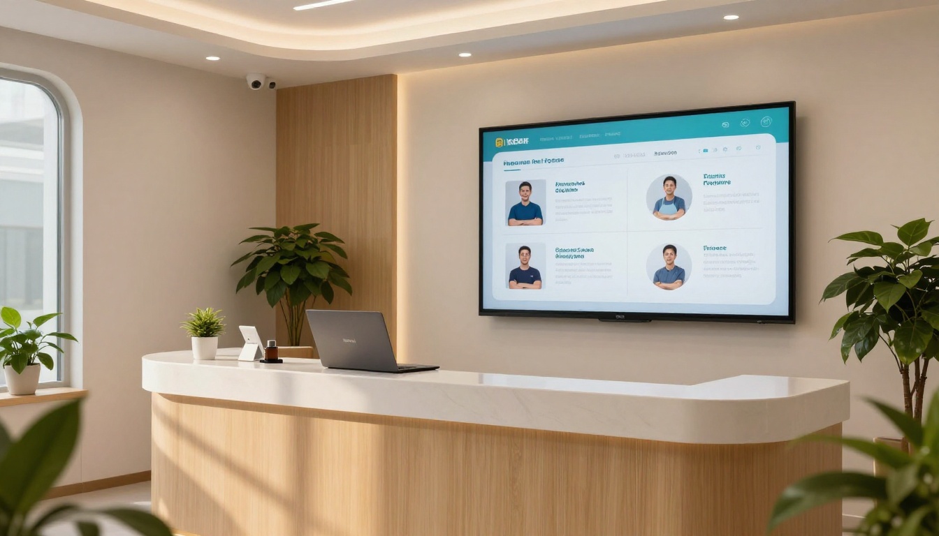 Modern physiotherapy clinic reception area with large display screen showing digital brochure Modern physiotherapy clinic reception area with large display screen showing digital brochure