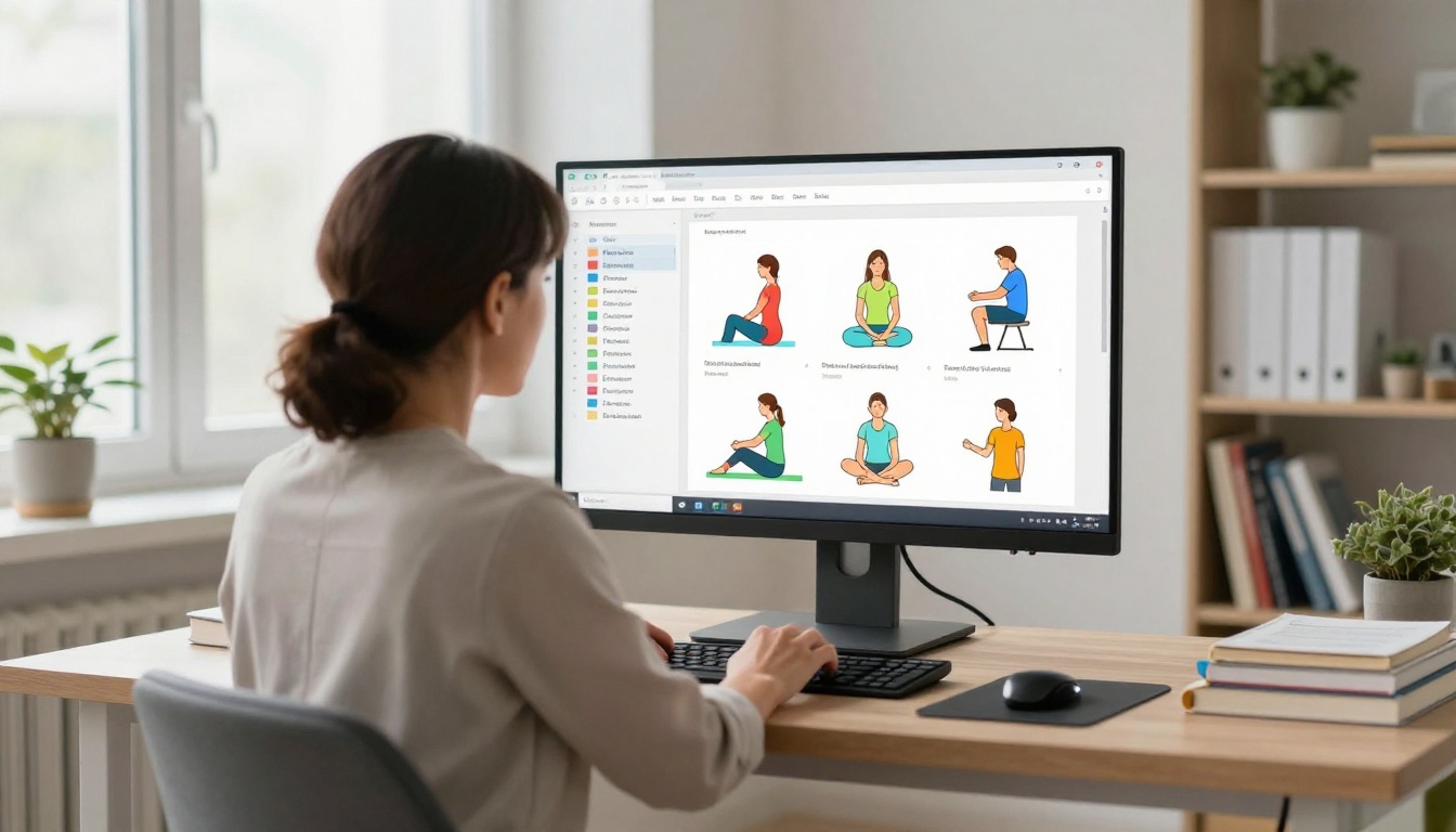Physiotherapy clinic administrator at desk creating digital patient education document Physiotherapy clinic administrator at desk creating digital patient education document