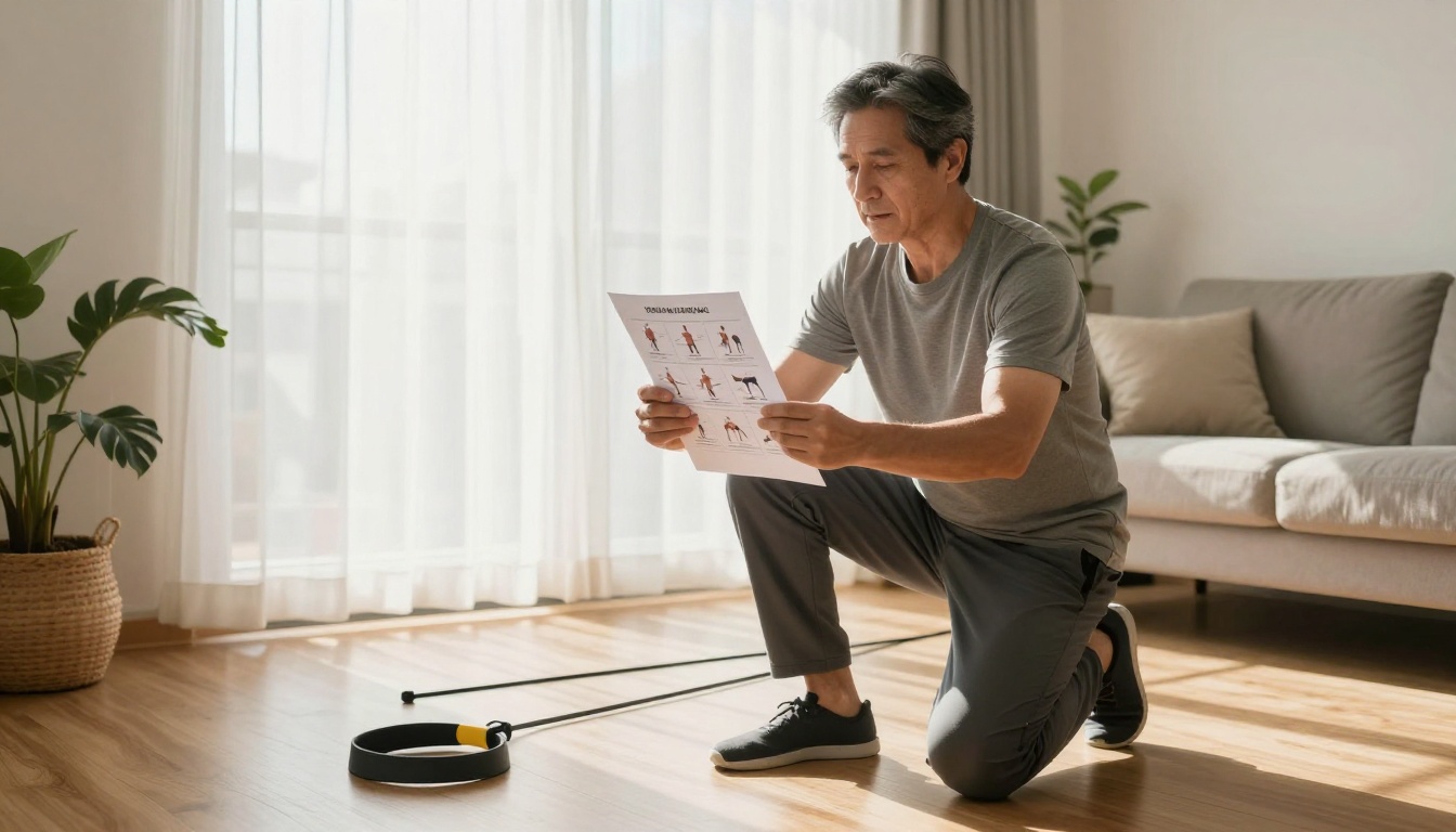 Patient performing home physical therapy exercises following digital exercise handout Patient performing home physical therapy exercises following digital exercise handout