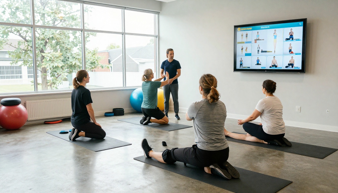 Group physiotherapy session in bright rehabilitation gym with exercise guide on wall display