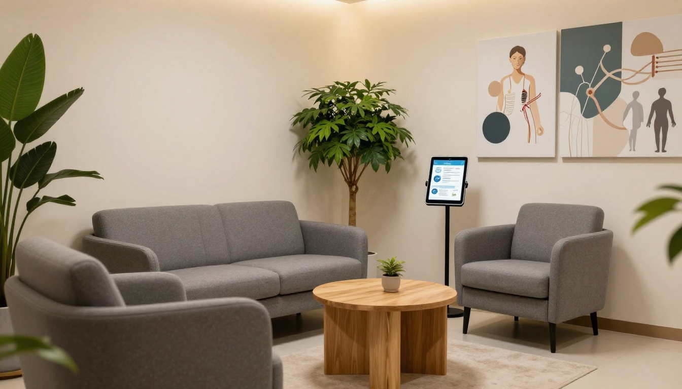 Modern physiotherapy clinic waiting room with tablet on stand showing digital clinic brochure