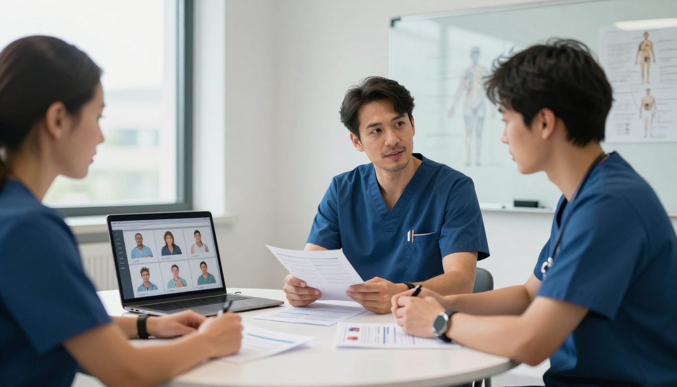 Two physiotherapists reviewing patient education brochure materials alongside laptop with digital flipbook