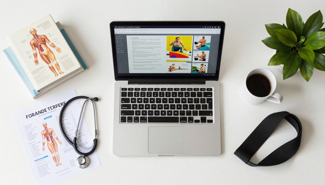 Aerial overhead flat-lay of physiotherapist desk workspace with laptop showing rehabilitation flipbook