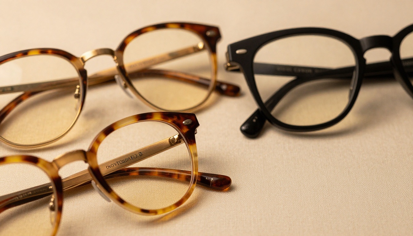 Three premium eyeglass frames in tortoiseshell, gold titanium, and matte black displayed on cream linen with warm side lighting Three premium eyeglass frames in tortoiseshell, gold titanium, and matte black displayed on cream linen with warm side lighting