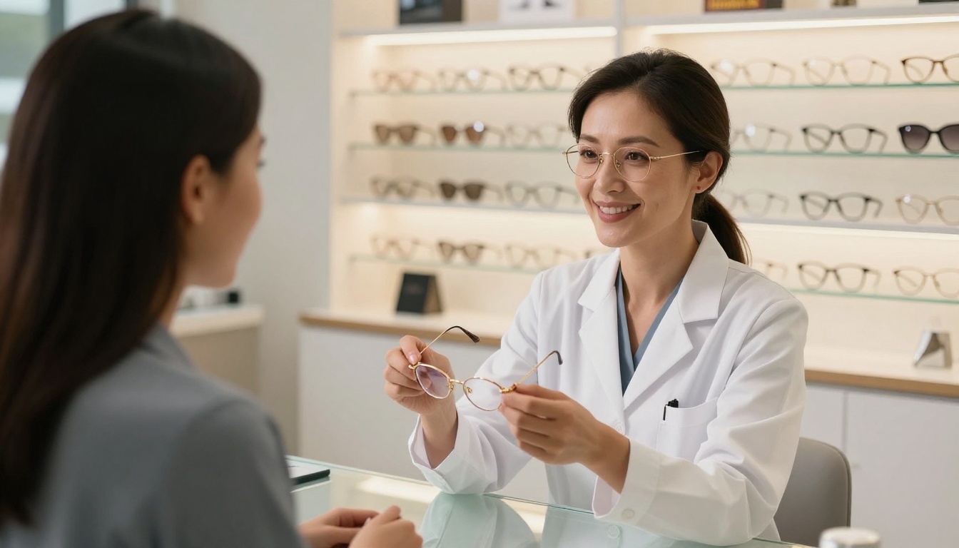 Optician presenting gold-rimmed oval glasses to a client across a glass consultation table in a bright modern optical boutique Optician presenting gold-rimmed oval glasses to a client across a glass consultation table in a bright modern optical boutique