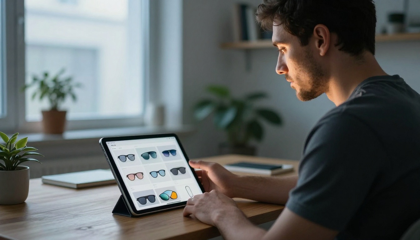Man seated at a minimalist oak desk holding a silver iPad displaying an interactive eyewear catalog with page-turning effect Man seated at a minimalist oak desk holding a silver iPad displaying an interactive eyewear catalog with page-turning effect