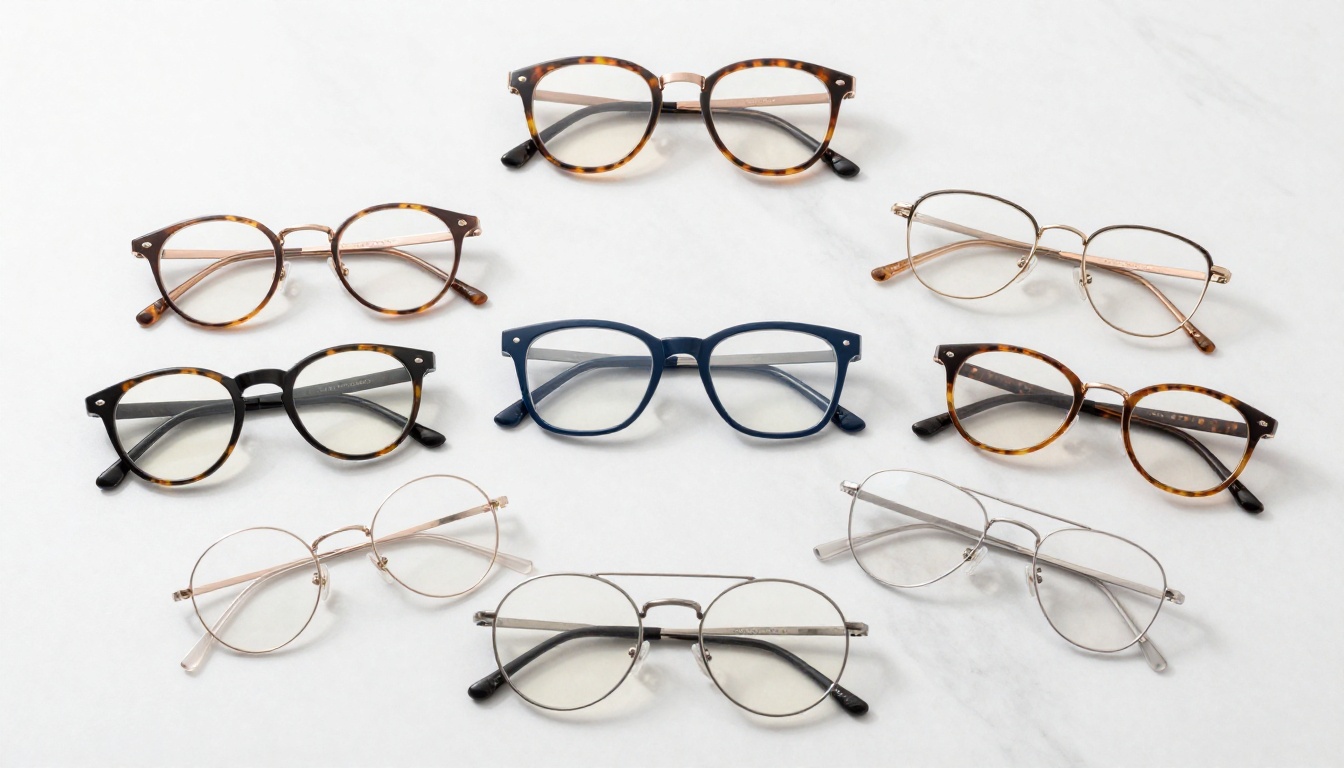 Flat-lay overhead shot of fourteen different eyeglass frames arranged in a radial pattern on white marble Flat-lay overhead shot of fourteen different eyeglass frames arranged in a radial pattern on white marble