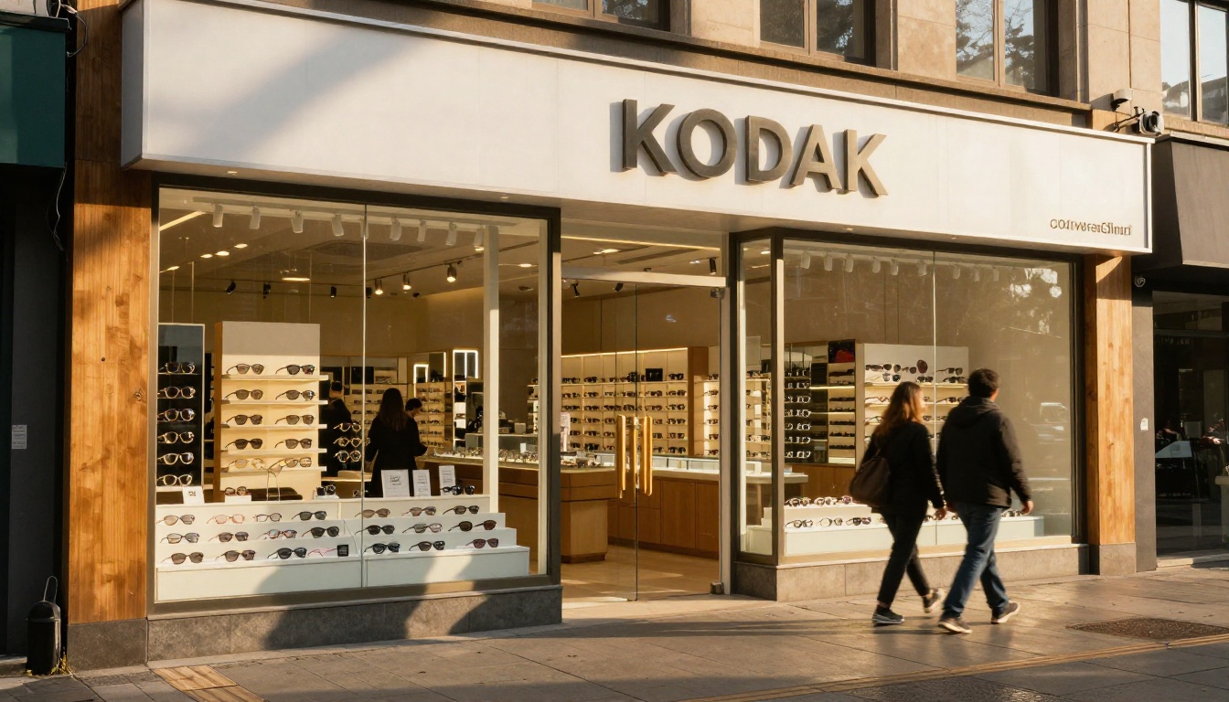 Modern optical retail storefront with large plate glass windows displaying elegantly arranged eyeglass frames, golden afternoon sunlight
