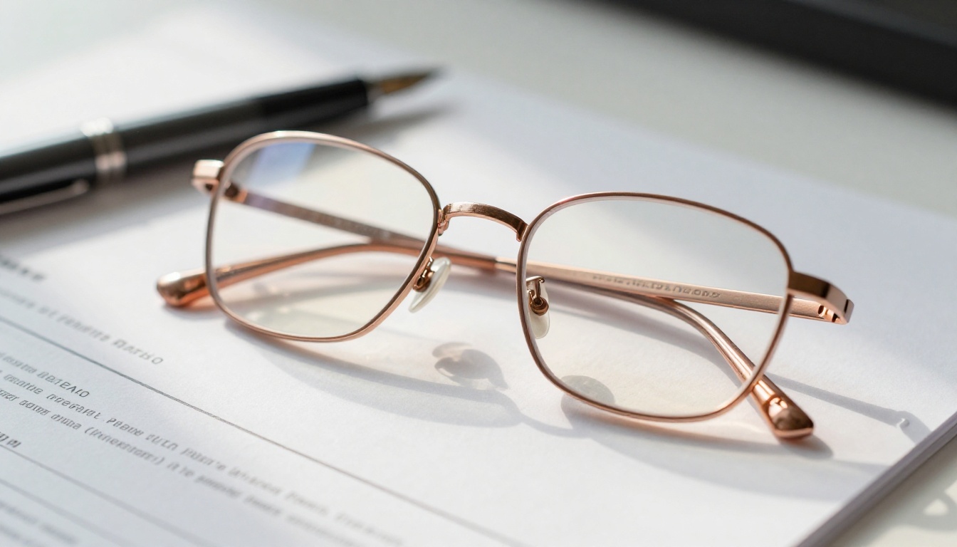 Close-up of slim rose gold metal eyeglass frames resting open on a printed optical prescription document, soft north window light