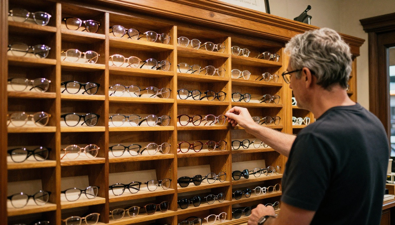Male optician in his 50s carefully organizing eyeglass frames in individual slots on a large oak display wall inside a traditional optical workshop