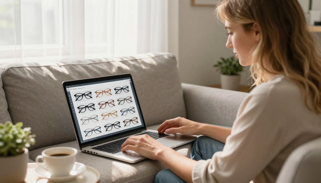 Young professional woman with blonde hair browsing an eyewear catalog on a laptop while sitting on a light grey sofa at home, warm afternoon sunlight