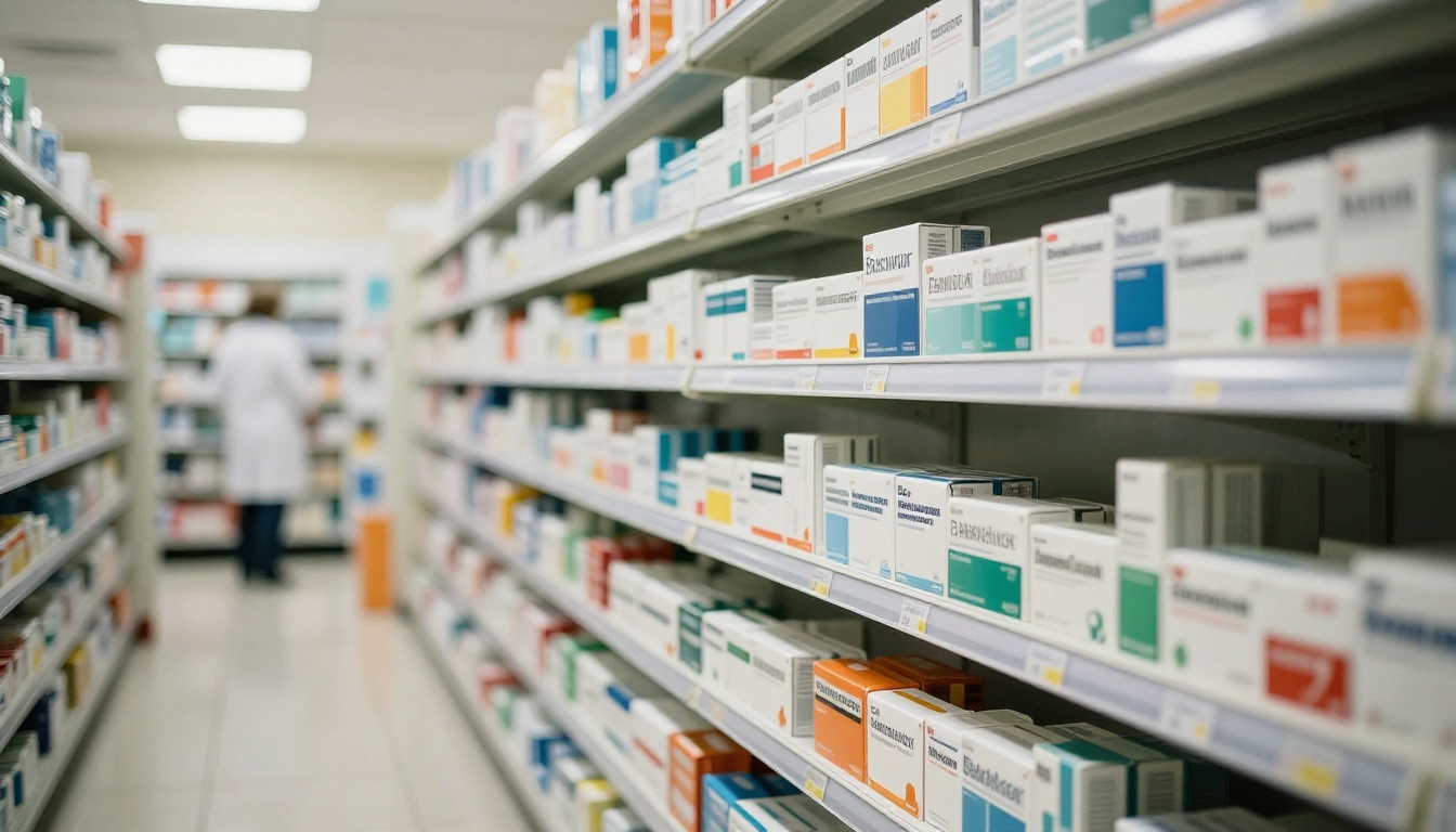 Organized pharmacy shelves with medication boxes in color-coded rows, warm LED lighting, low-angle photorealistic perspective Organized pharmacy shelves with medication boxes in color-coded rows, warm LED lighting, low-angle photorealistic perspective