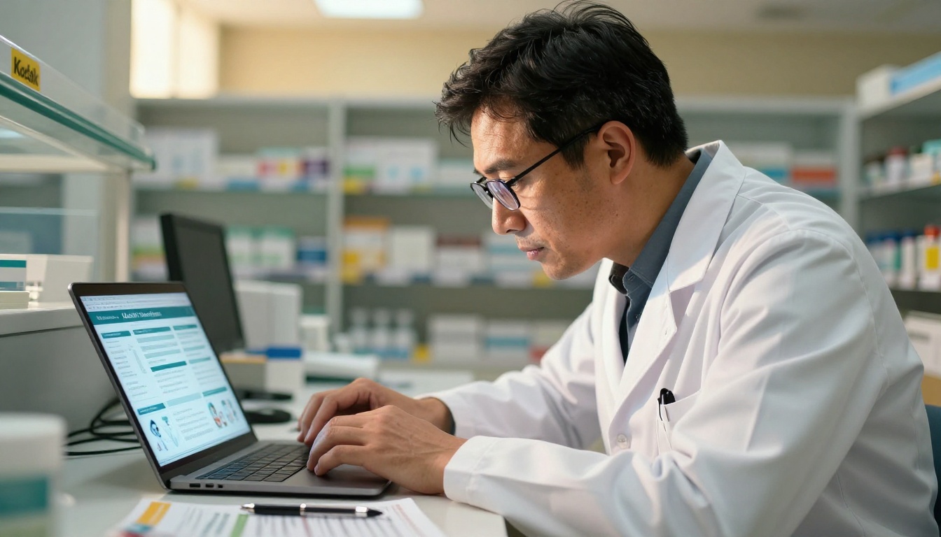 Male pharmacist in white coat studying digital health brochure on laptop screen at workstation desk, focused expression, warm office lighting Male pharmacist in white coat studying digital health brochure on laptop screen at workstation desk, focused expression, warm office lighting