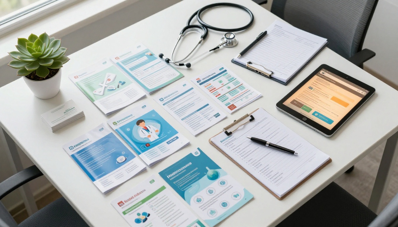 Aerial top-down flat lay of pharmacy consultation desk with health brochures, stethoscope, tablet showing flipbook interface, and handwritten notepad Aerial top-down flat lay of pharmacy consultation desk with health brochures, stethoscope, tablet showing flipbook interface, and handwritten notepad