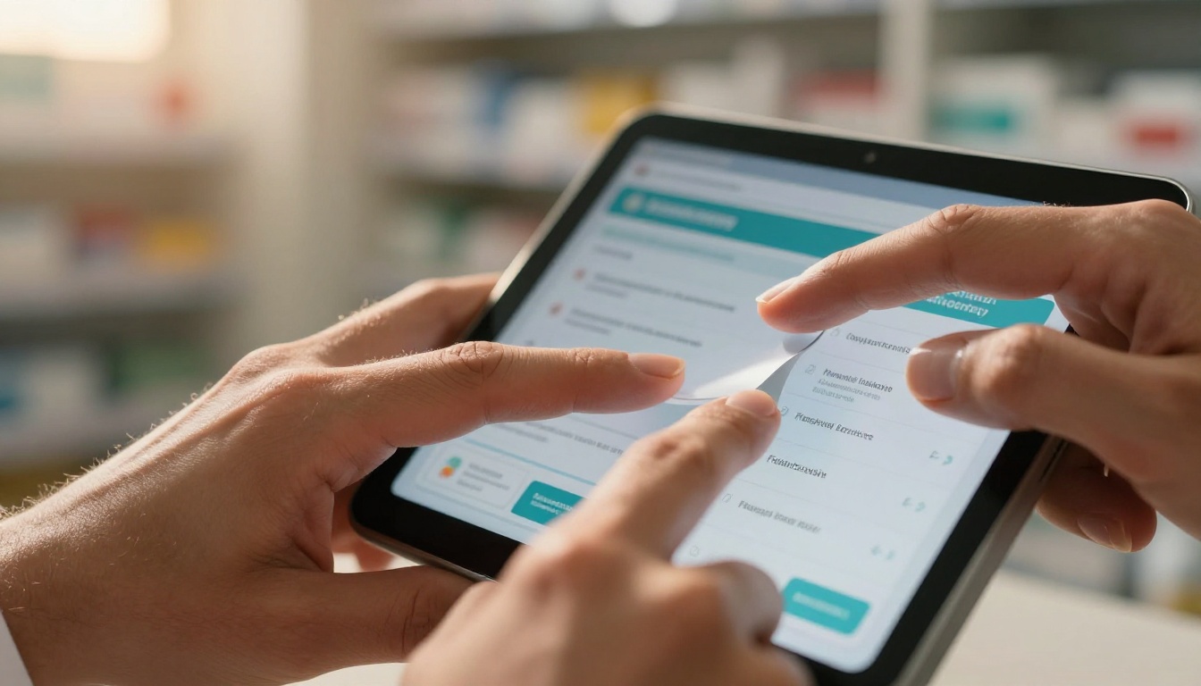 Pharmacist hands holding tablet with pharmacy flipbook displaying page curl animation, directional sunlight from upper left, macro photorealistic close-up Pharmacist hands holding tablet with pharmacy flipbook displaying page curl animation, directional sunlight from upper left, macro photorealistic close-up