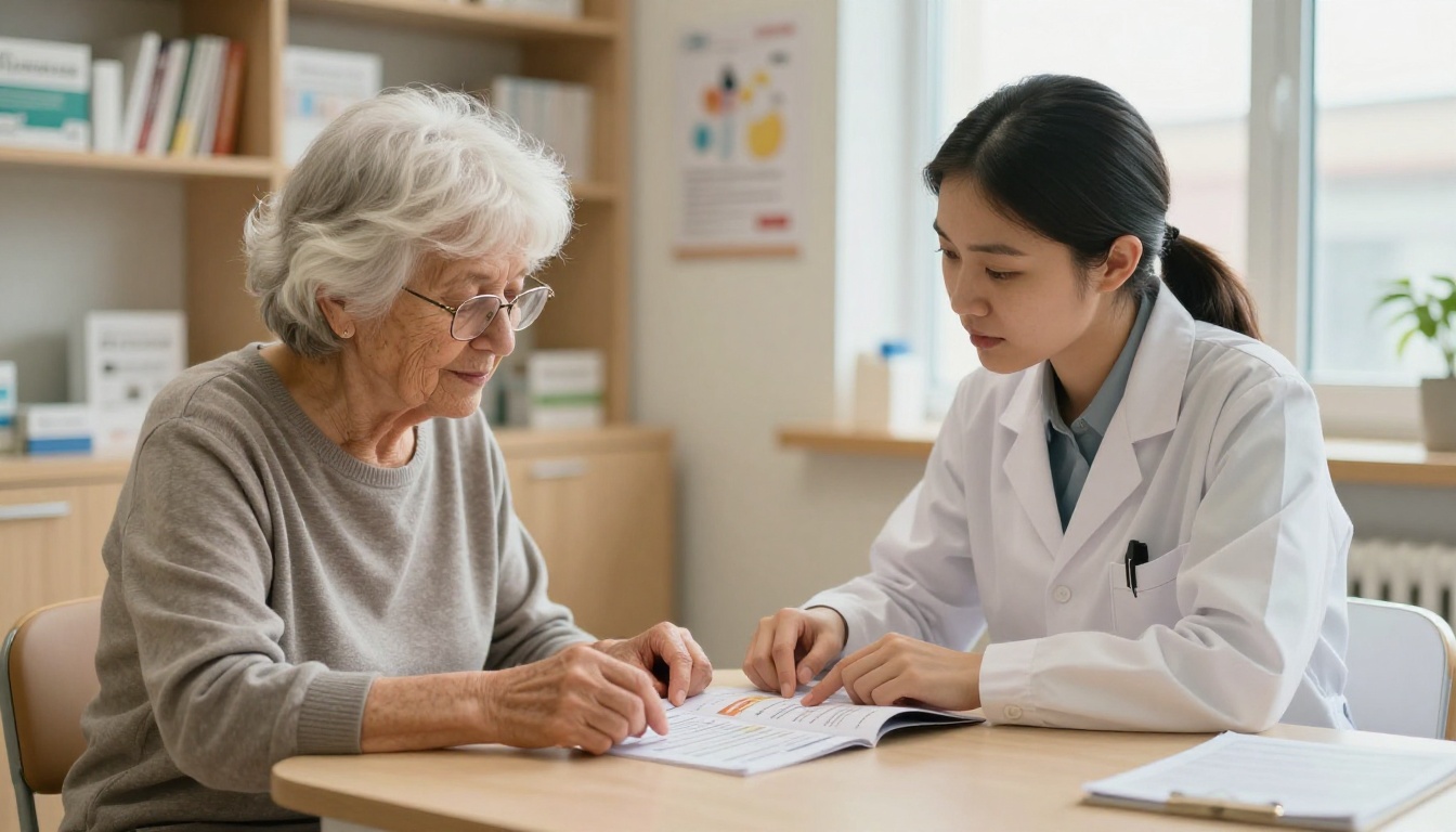 Elderly female patient and young female pharmacist reviewing health brochure at consultation table together, warm clinical lighting, 85mm lens Elderly female patient and young female pharmacist reviewing health brochure at consultation table together, warm clinical lighting, 85mm lens