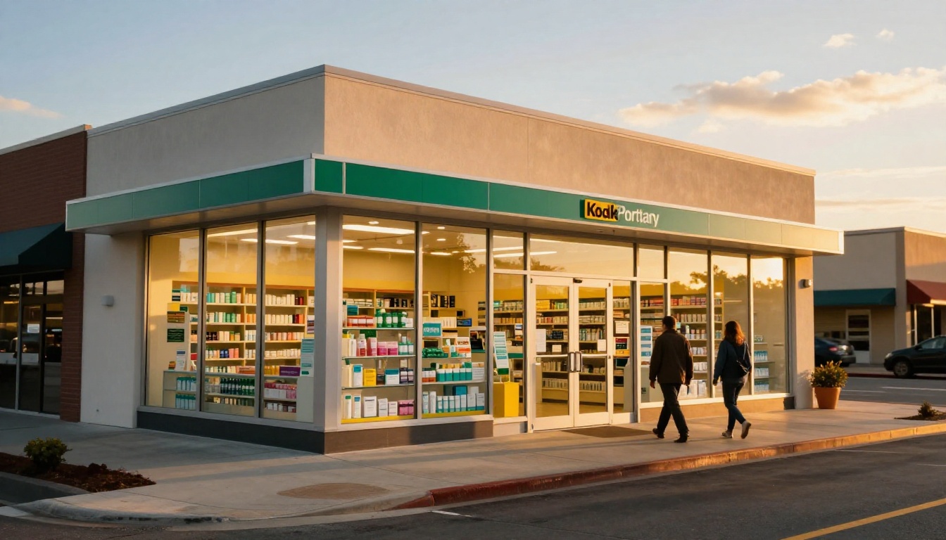 Modern independent pharmacy exterior storefront at golden hour sunset, warm amber light washing across facade, customers walking toward entrance
