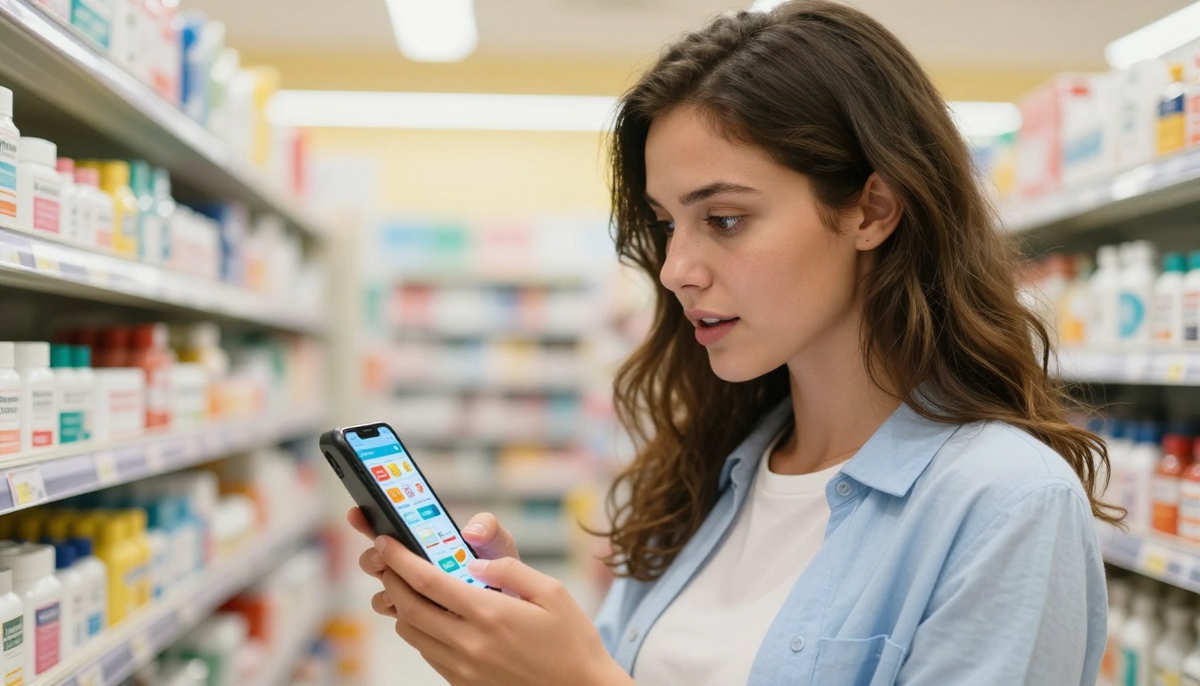 Young woman standing in pharmacy aisle reading digital pharmacy catalog on smartphone, warm bokeh background, 85mm lens photorealistic