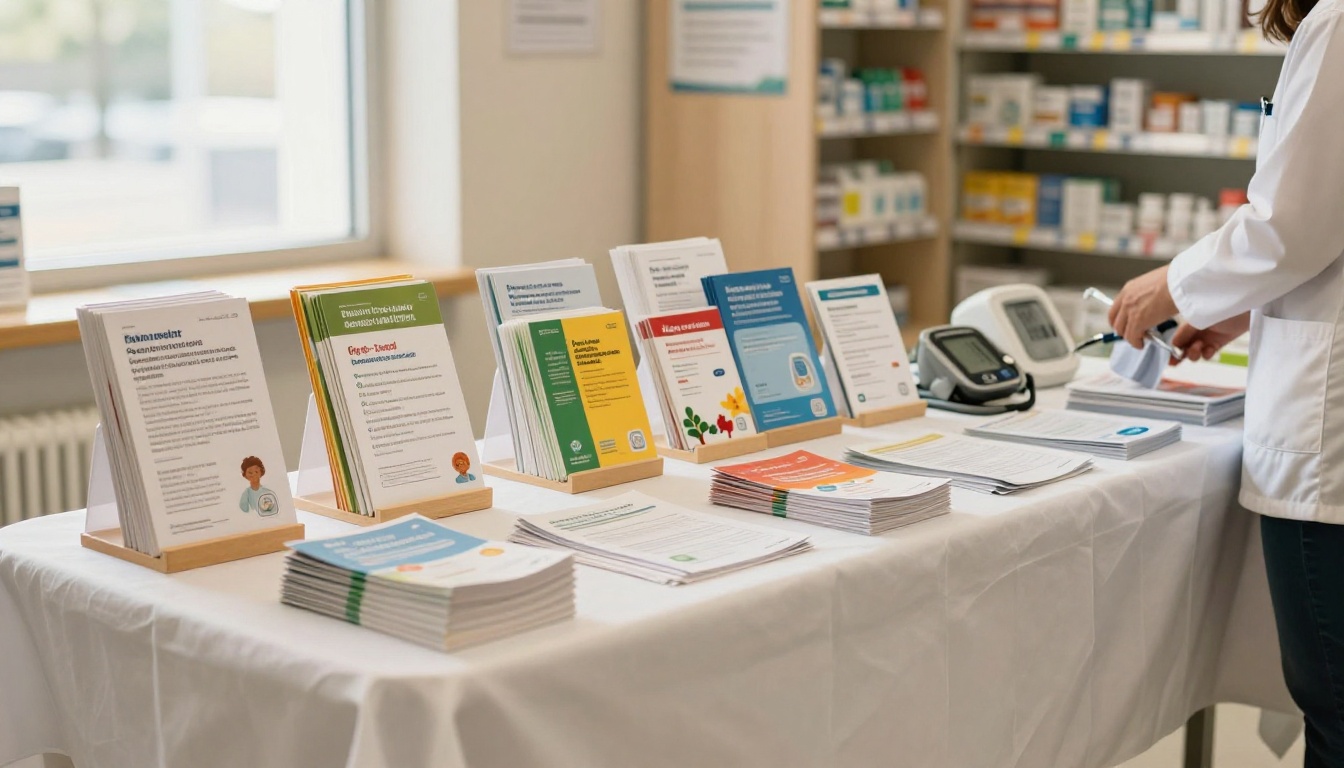 Pharmacy community health table display with brochure stands, blood pressure monitor, educational materials, warm natural window lighting