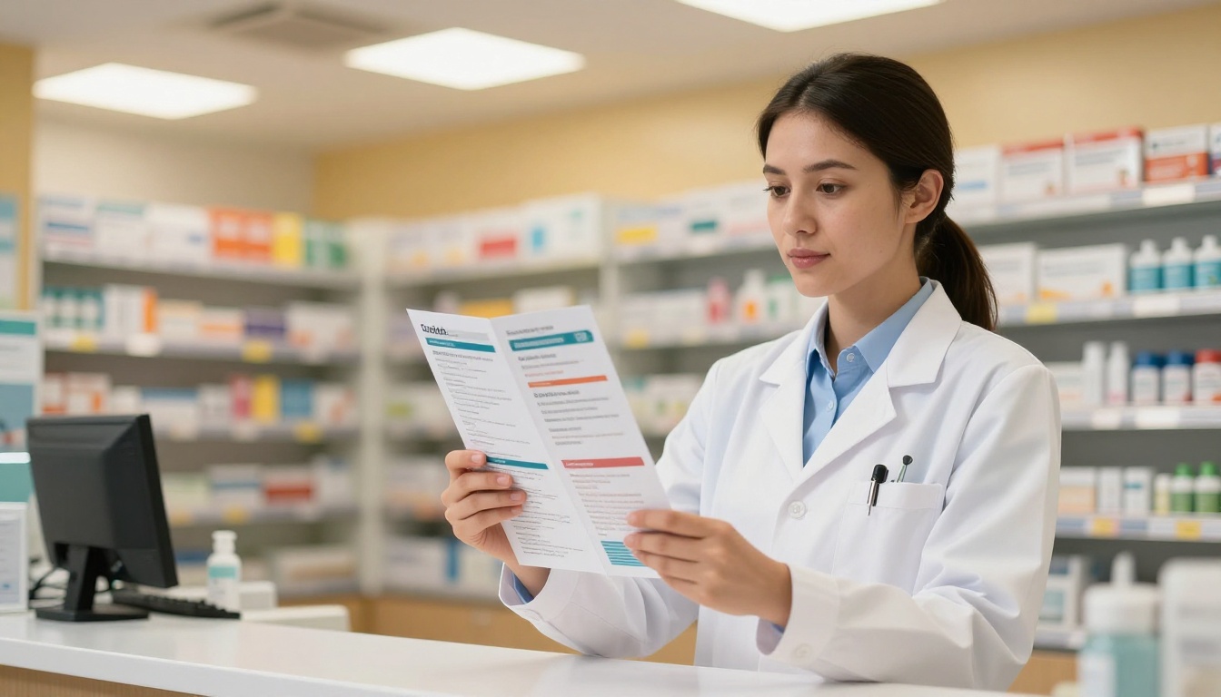 Female pharmacist presenting tri-fold pharmacy brochure at counter, low-angle shot, warm overhead LED lighting, pharmacy shelves in soft bokeh background