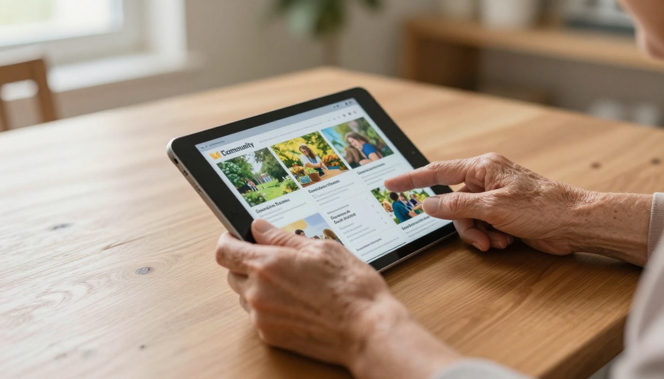 Family holding hands while sharing a tablet with a community newsletter
