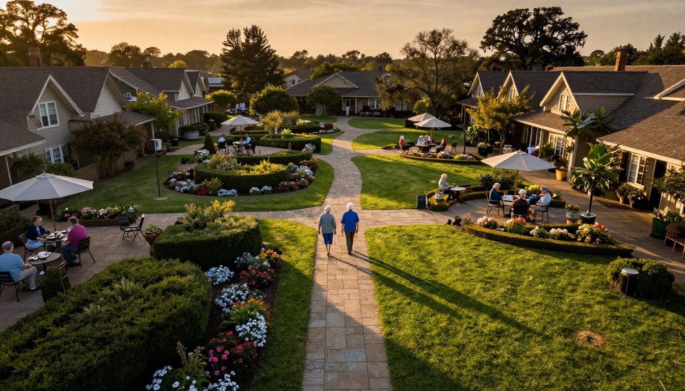 Aerial view of a beautifully maintained senior living campus with gardens and walking paths