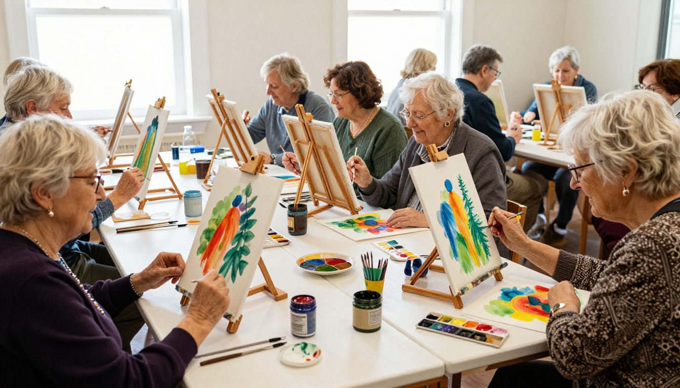 Senior living activity room with watercolor painting class and joyful elderly residents