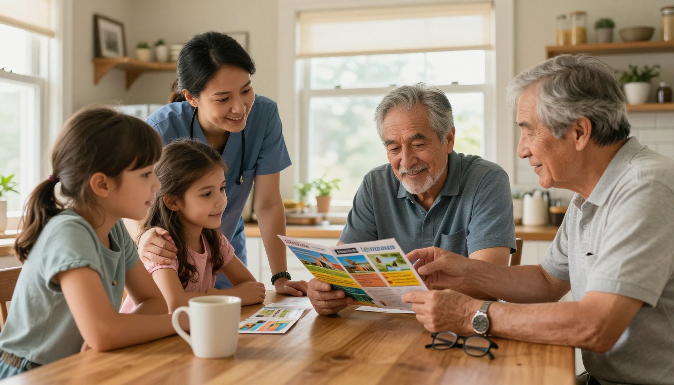 Family reviewing home care brochure together at a kitchen table