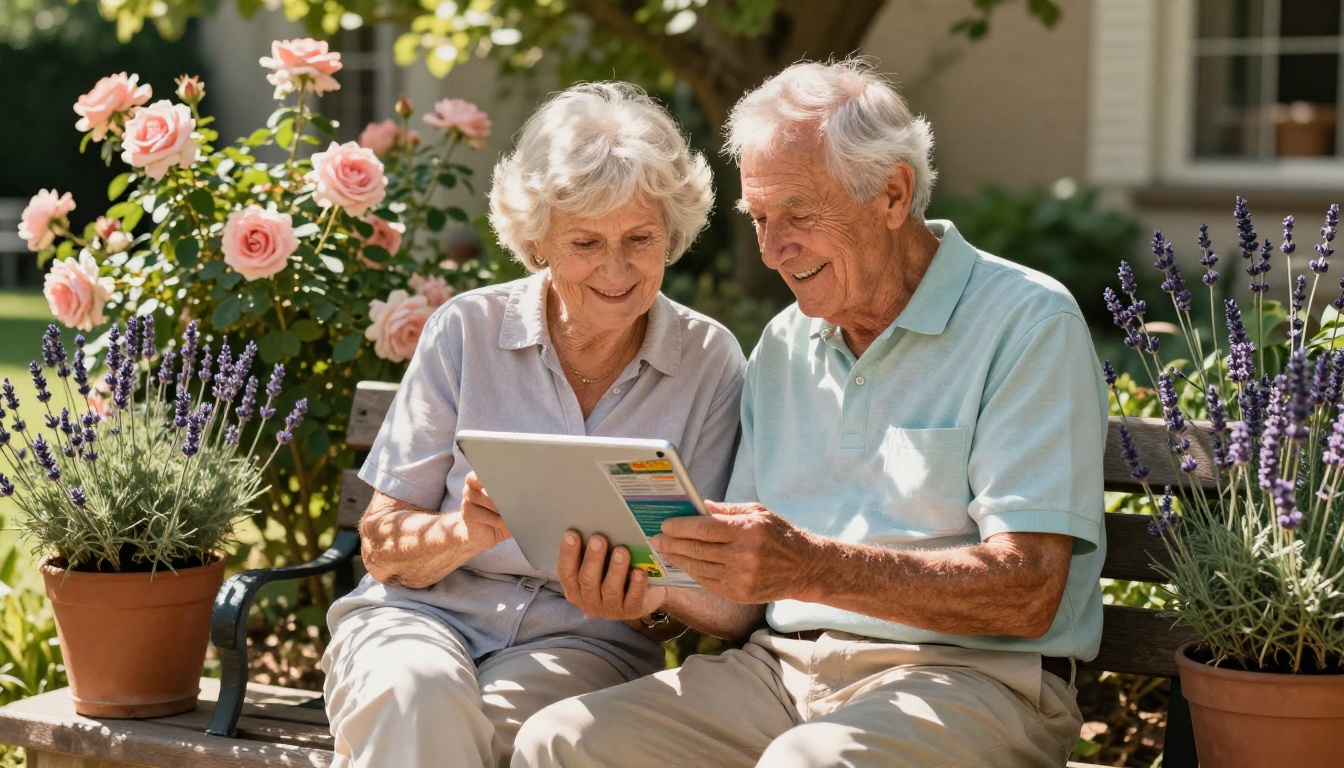 Elderly couple reading a digital flipbook together on a sunny community patio