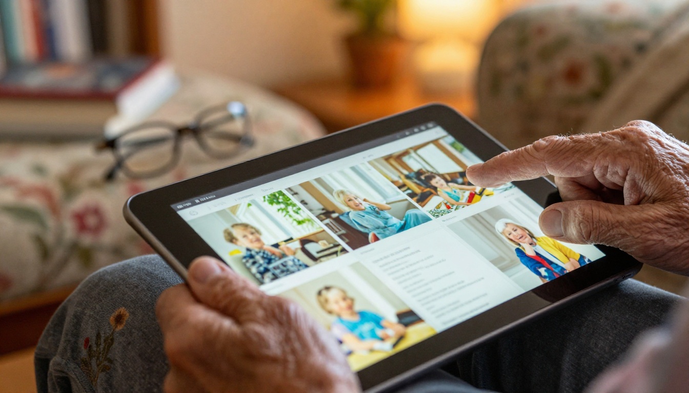 Elderly hands holding a tablet showing a digital flipbook brochure