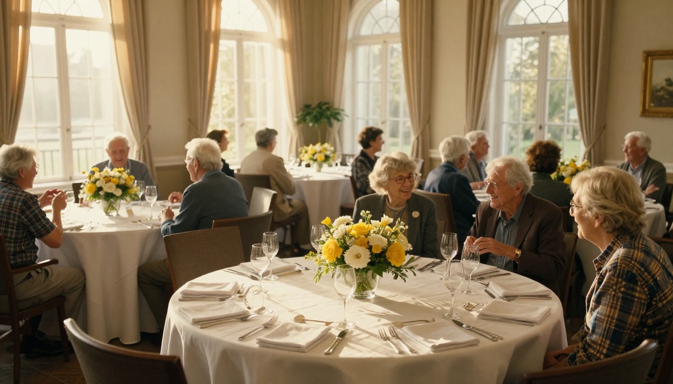 Elderly residents socializing at a community dining event with floral centerpieces
