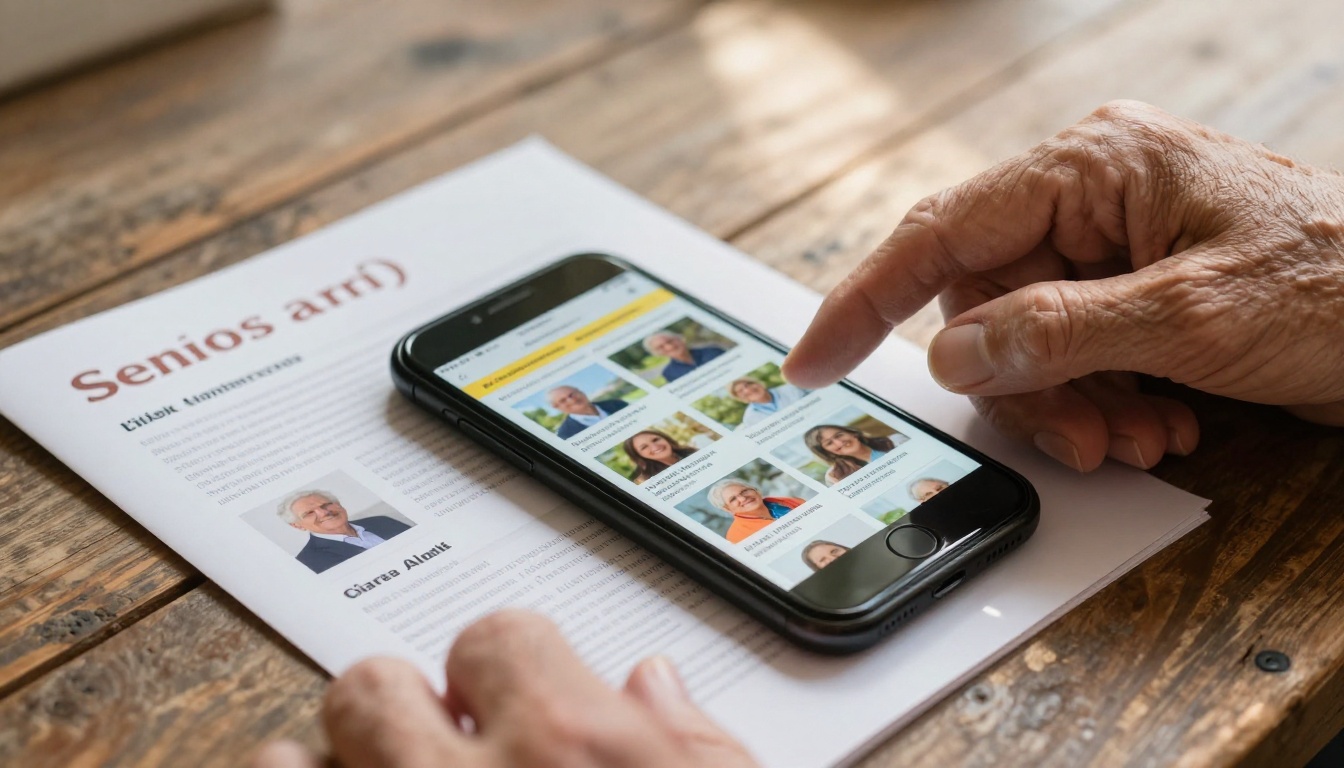 Close-up detail of aged hands with a printed brochure beside a phone showing a digital flipbook