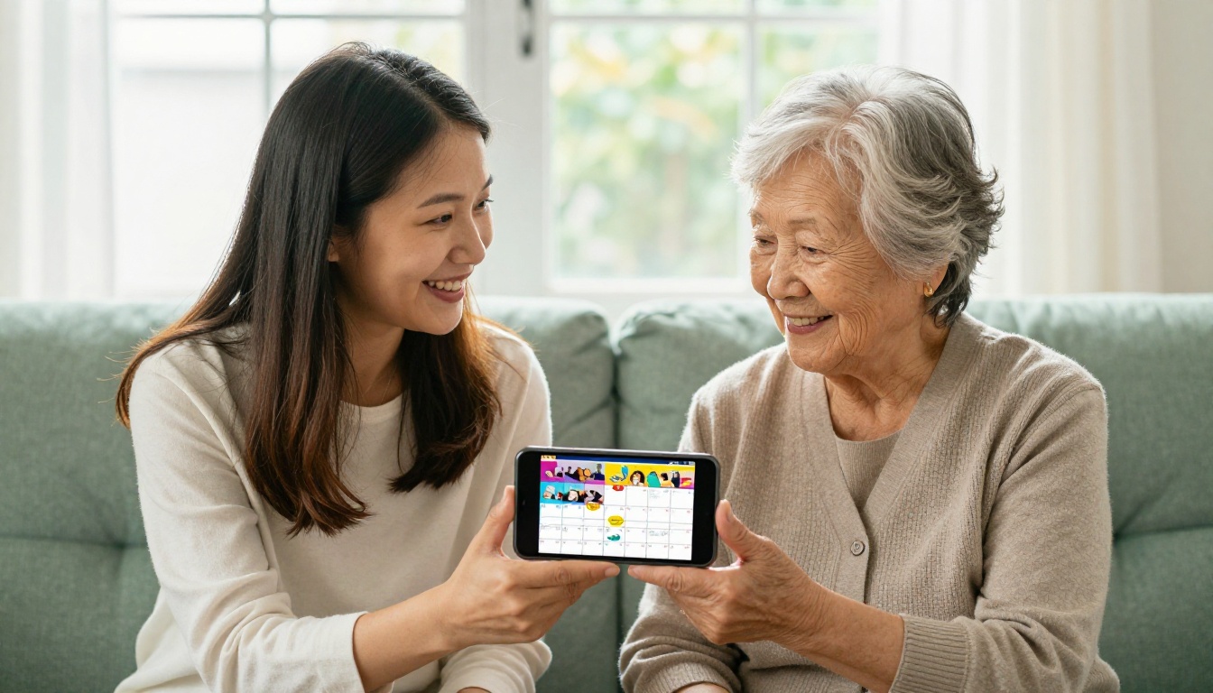 Adult daughter and elderly mother sharing a smartphone showing a digital activity calendar