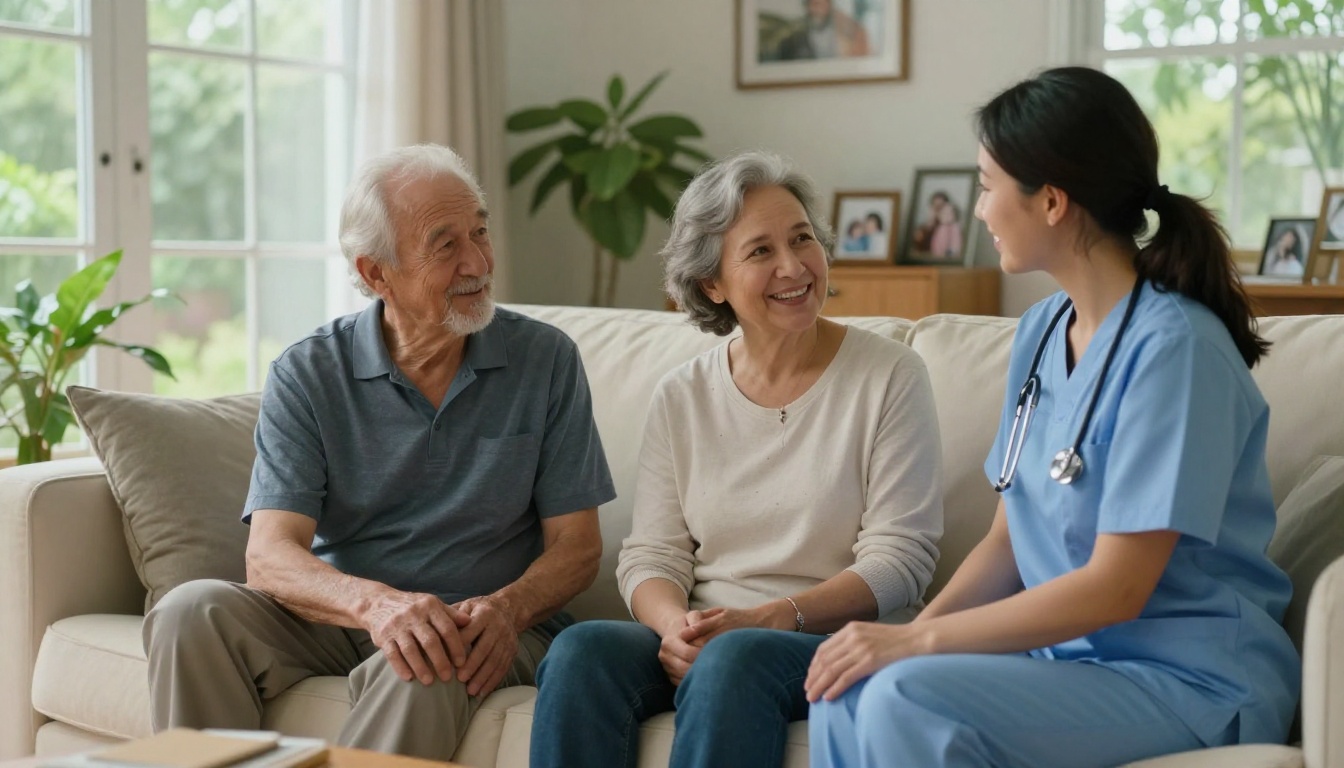 Elderly couple on sofa talking with caregiver and adult daughter