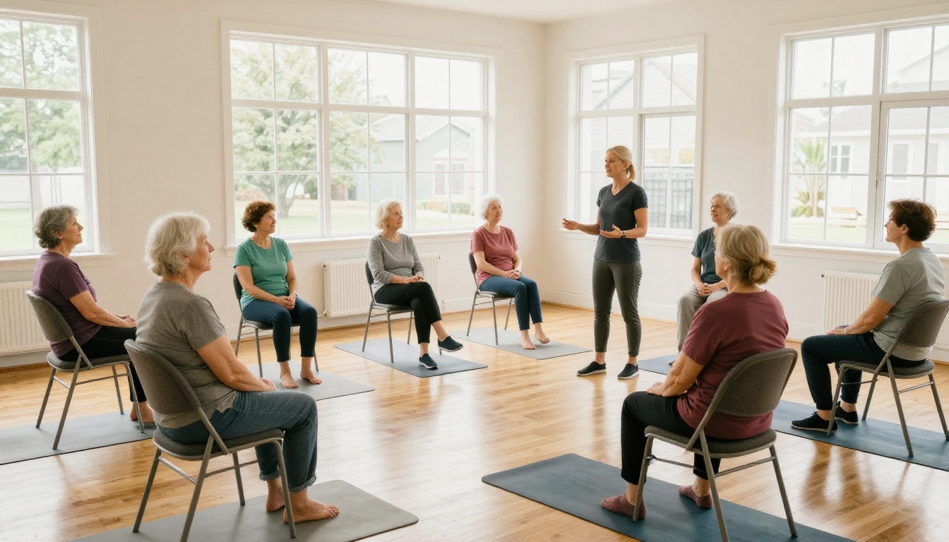 Senior living wellness class with elderly residents doing gentle seated stretching