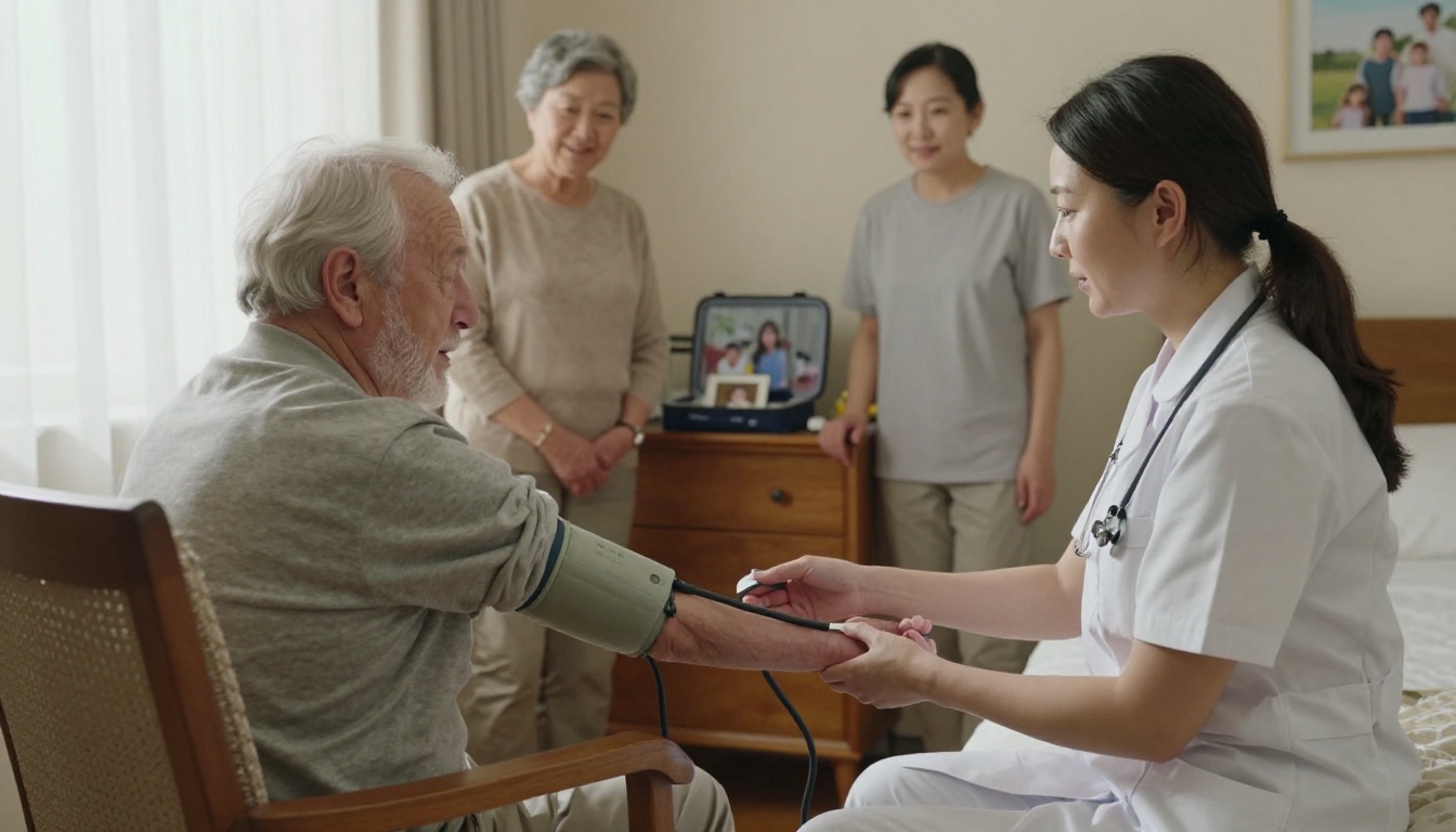 Home care nurse checking blood pressure of elderly patient with family nearby