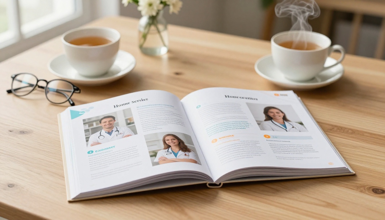 Flat lay of a beautifully designed home care brochure on a wooden table