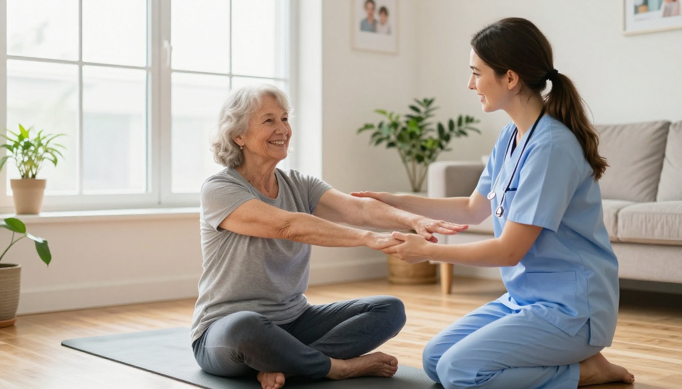 Caregiver doing gentle physical therapy with elderly woman at home