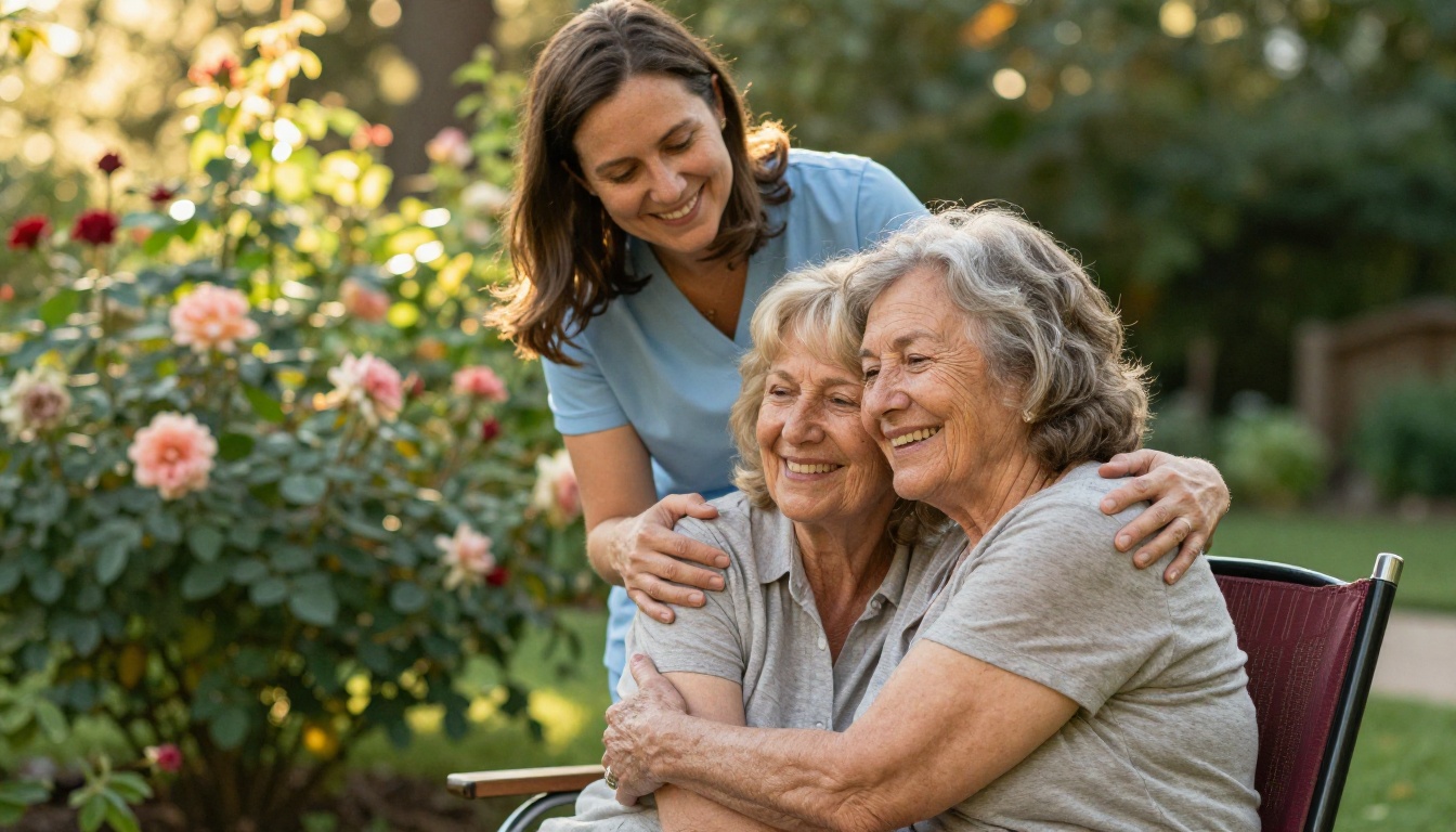 Outdoor moment of adult daughter hugging elderly mother with caregiver smiling nearby