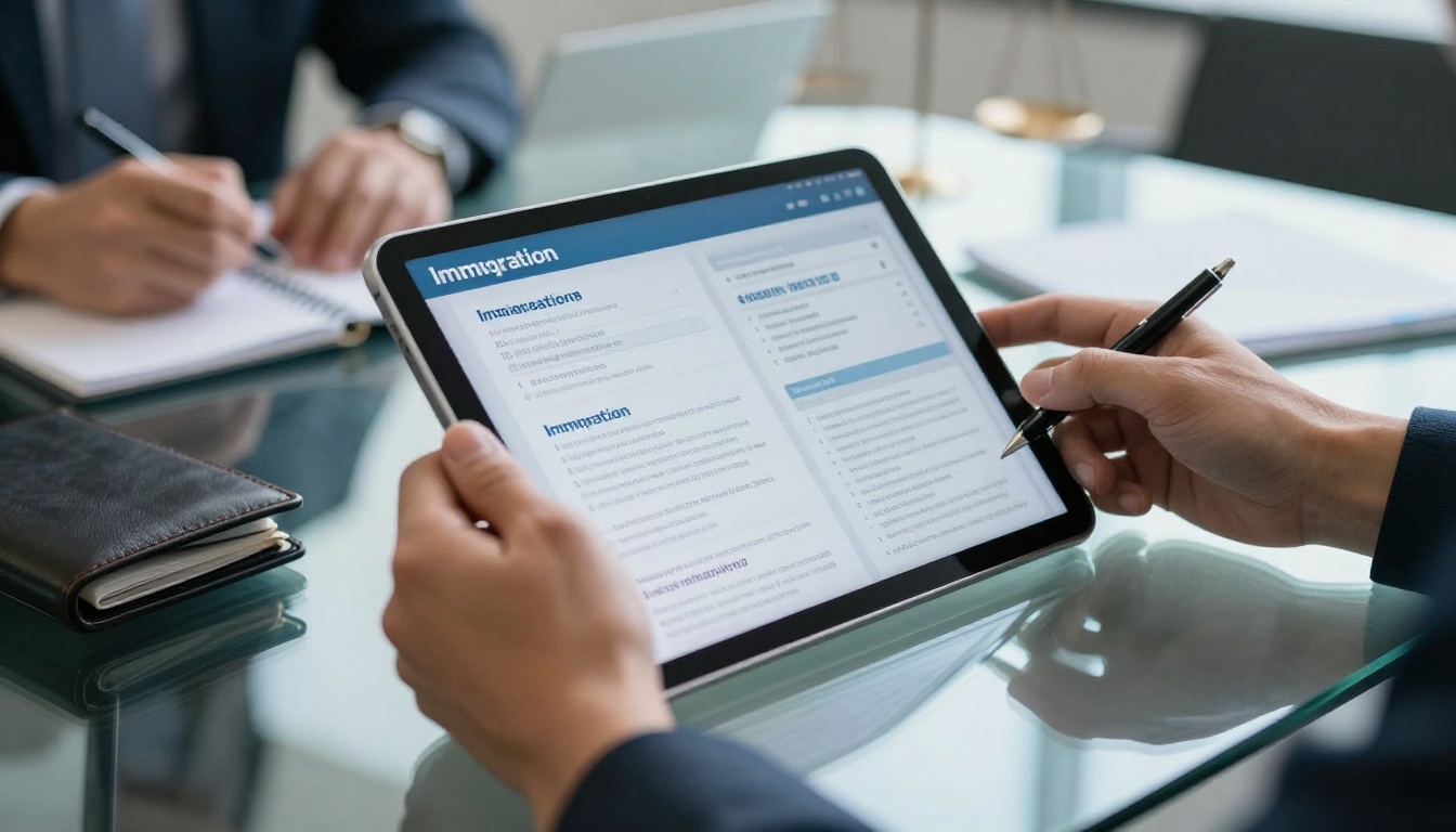 Close-up of hands holding tablet with immigration service flipbook in law office