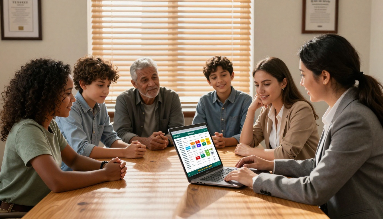 Immigrant family in consultation with immigration attorney showing digital flipbook on laptop