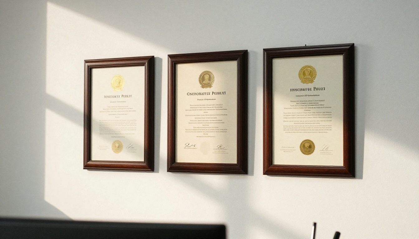 Notary public commission certificates and credentials framed on office wall Notary public commission certificates and credentials framed on office wall