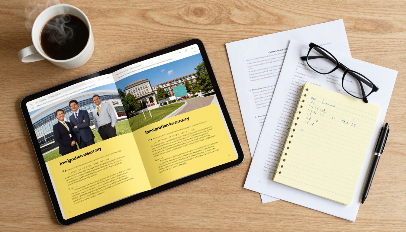 Aerial desk flatlay showing printed brochure next to digital flipbook on tablet