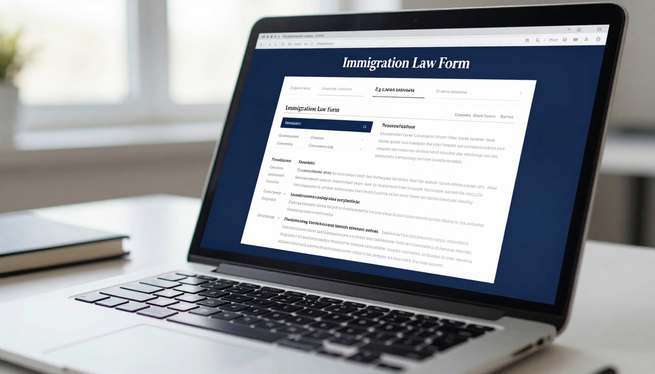 Laptop screen showing immigration law flipbook with professional typography and service sections