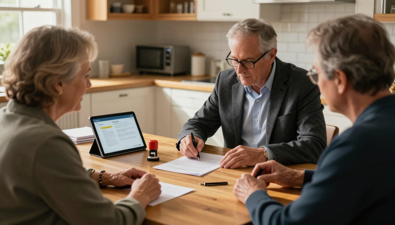 Mobile notary professional at residential kitchen table with elderly clients Mobile notary professional at residential kitchen table with elderly clients
