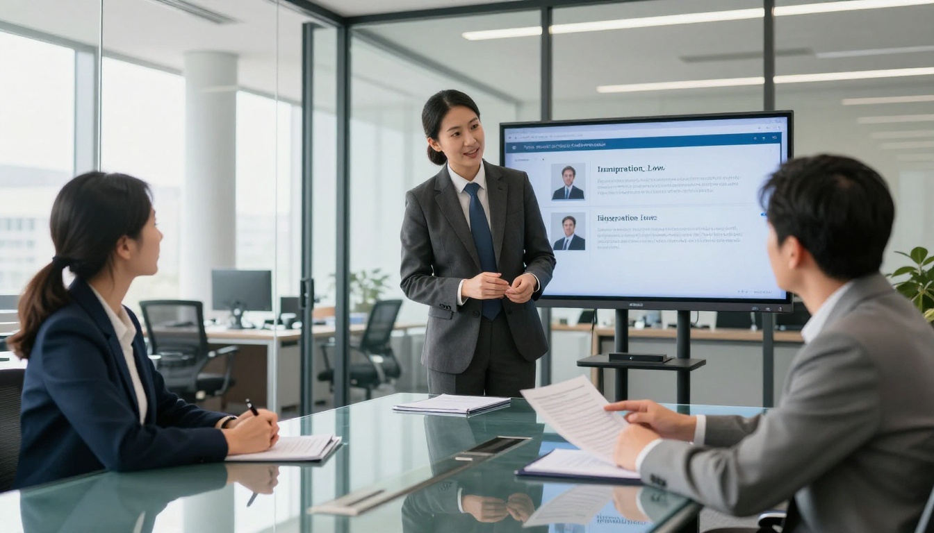 Immigration attorney presenting digital flipbook on monitor to clients at conference table