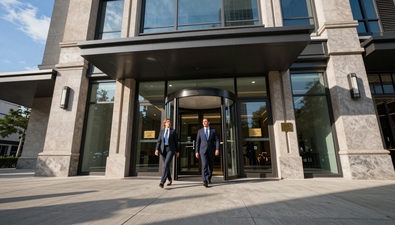 Professional immigration law firm building entrance with glass doors and morning sunlight