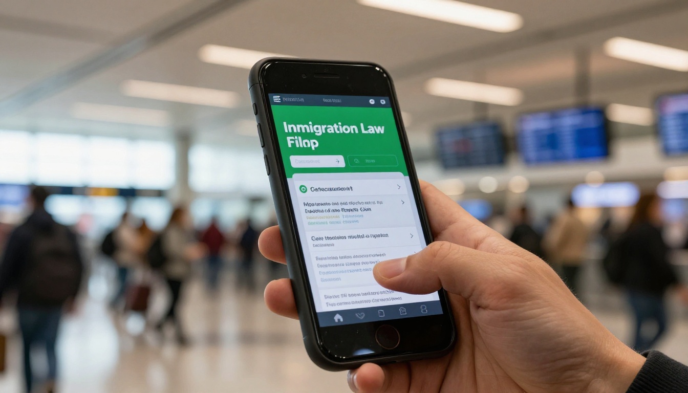 Smartphone displaying mobile immigration law flipbook at busy airport terminal