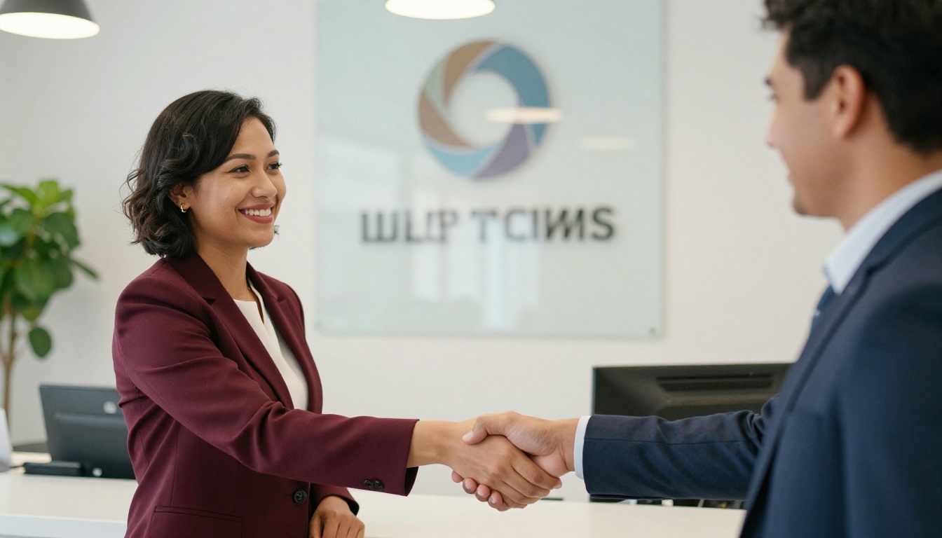 Professional notary public shaking hands with satisfied client at office reception Professional notary public shaking hands with satisfied client at office reception