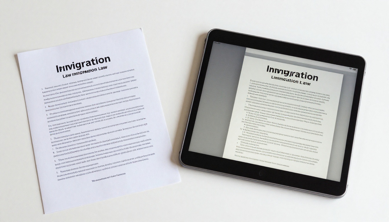 Printed immigration brochure beside digital flipbook on tablet on clean white desk